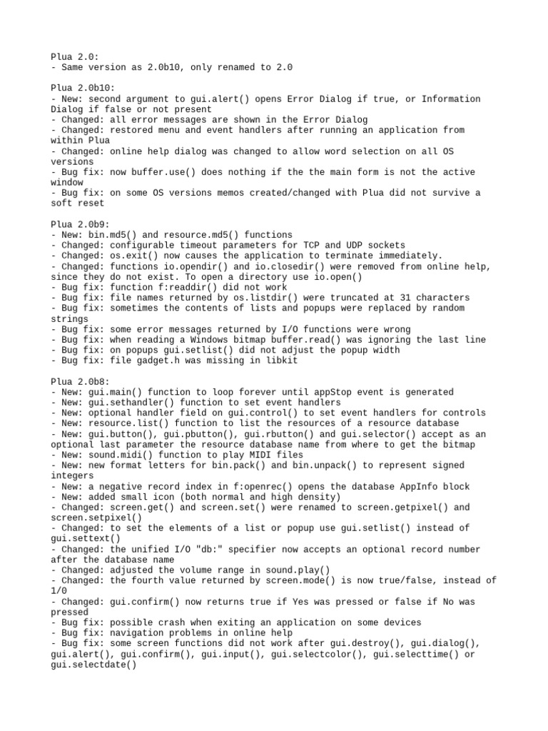 Plua 2.0 Release Notes | PDF | Software Bug | Graphical User Interfaces