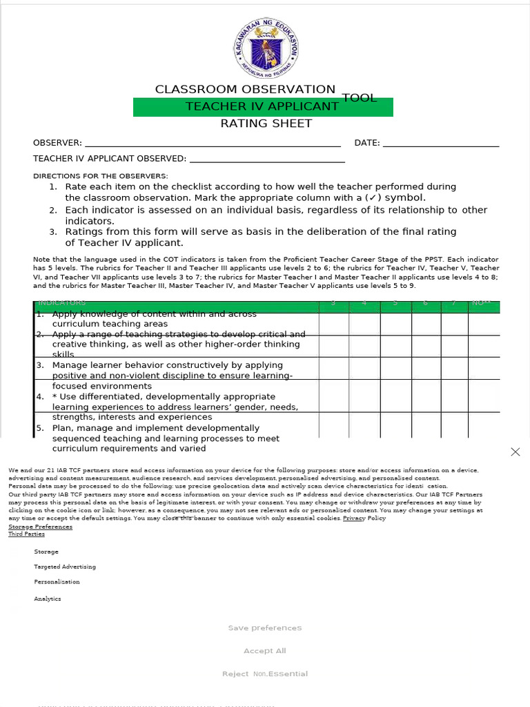 Teacher IV Classroom Observation Guide | PDF | Teachers | Learning