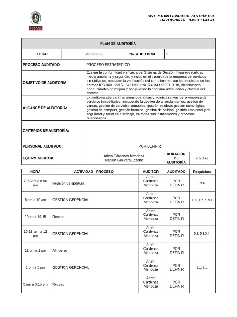 Plan de Auditoría HSE 2025 ISO 9001-45001 | PDF | Auditoría | Contralor