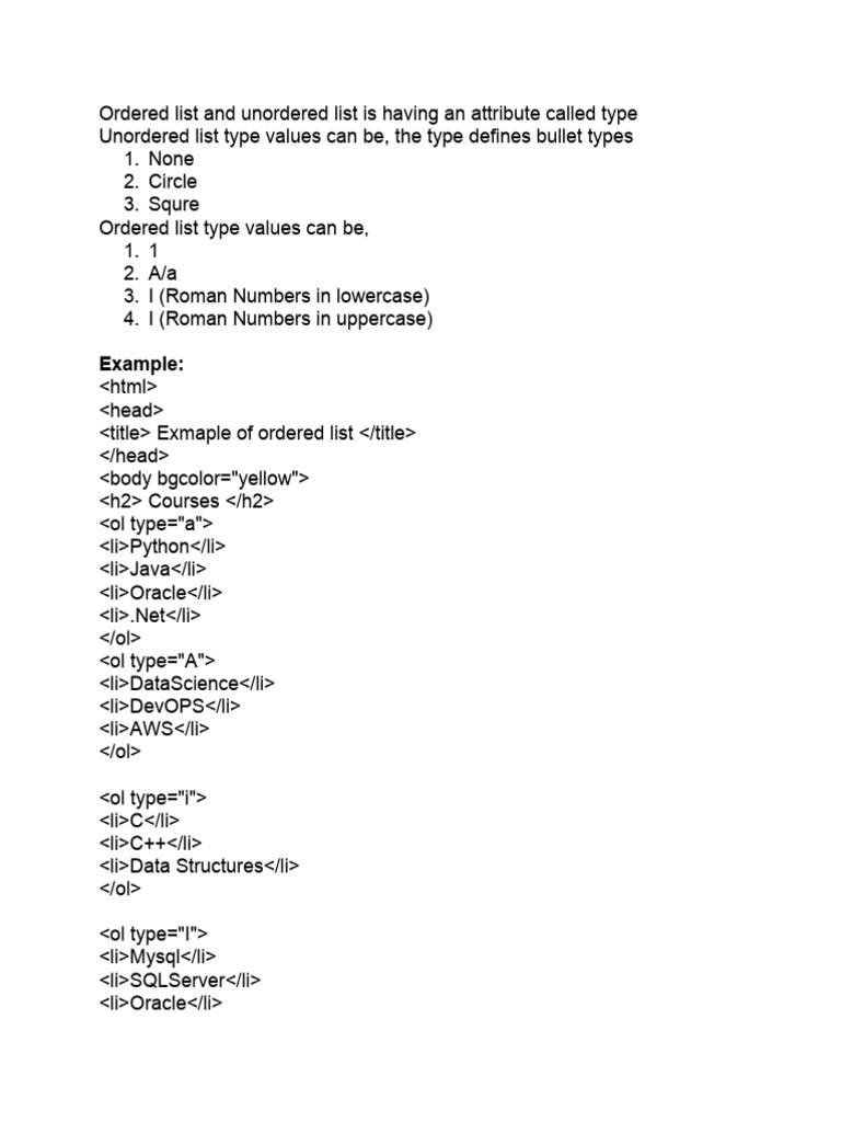 Ordered and Unordered List Types | PDF | Table (Database) | Data ...