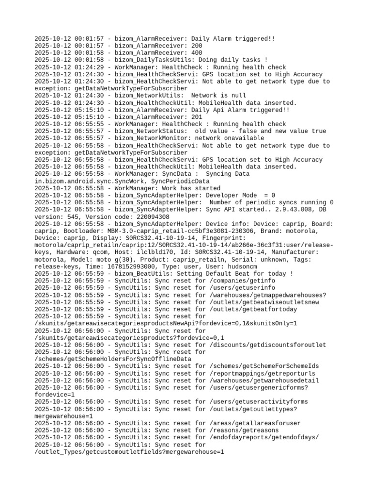 Bizom Daily Alarm and Sync Log | PDF | Computing