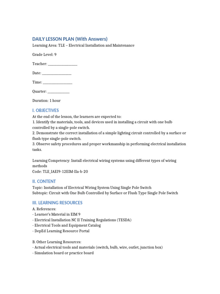 Electrical Wiring Lesson Plan for Grade 9 | PDF | Electrical Wiring ...