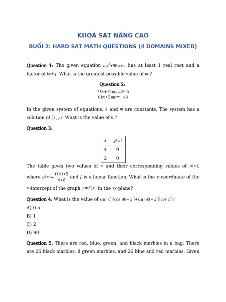 Advanced SAT Math Practice Questions | PDF | Equations | Function ...