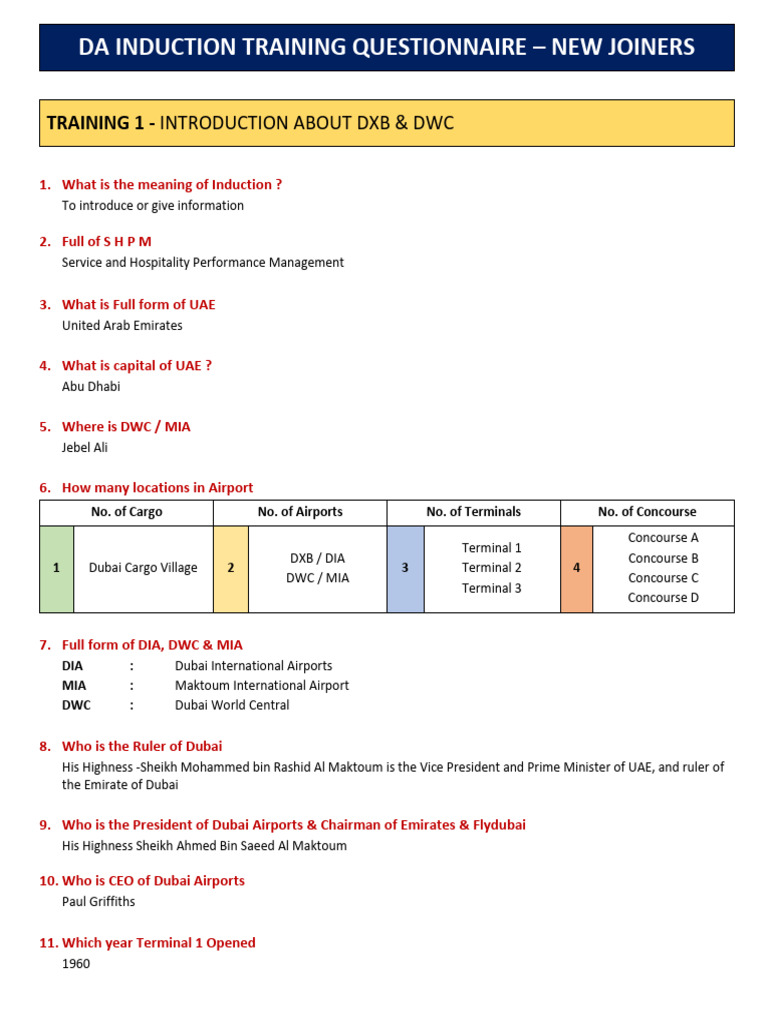 Induction Training Questionnaire for New Joiners | PDF | Dubai | United ...