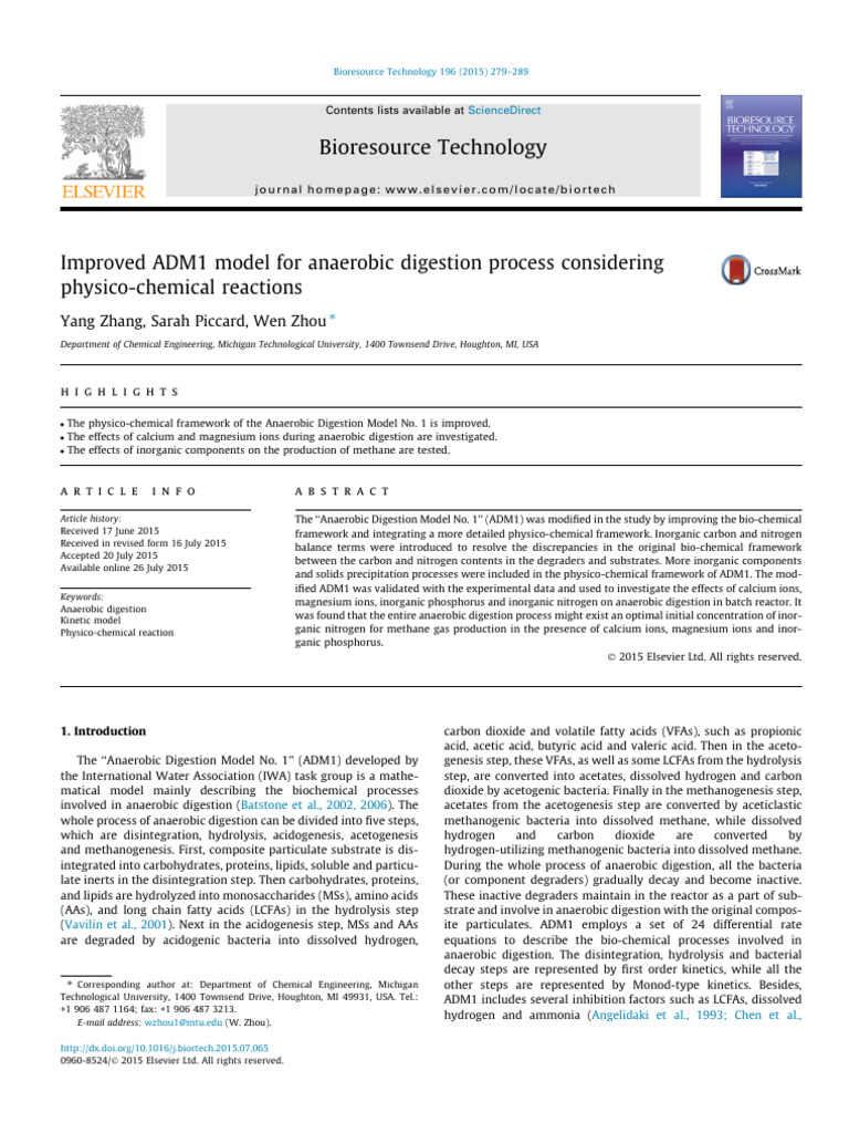 Enhanced ADM1 Model for Anaerobic Digestion | PDF | Anaerobic Digestion ...