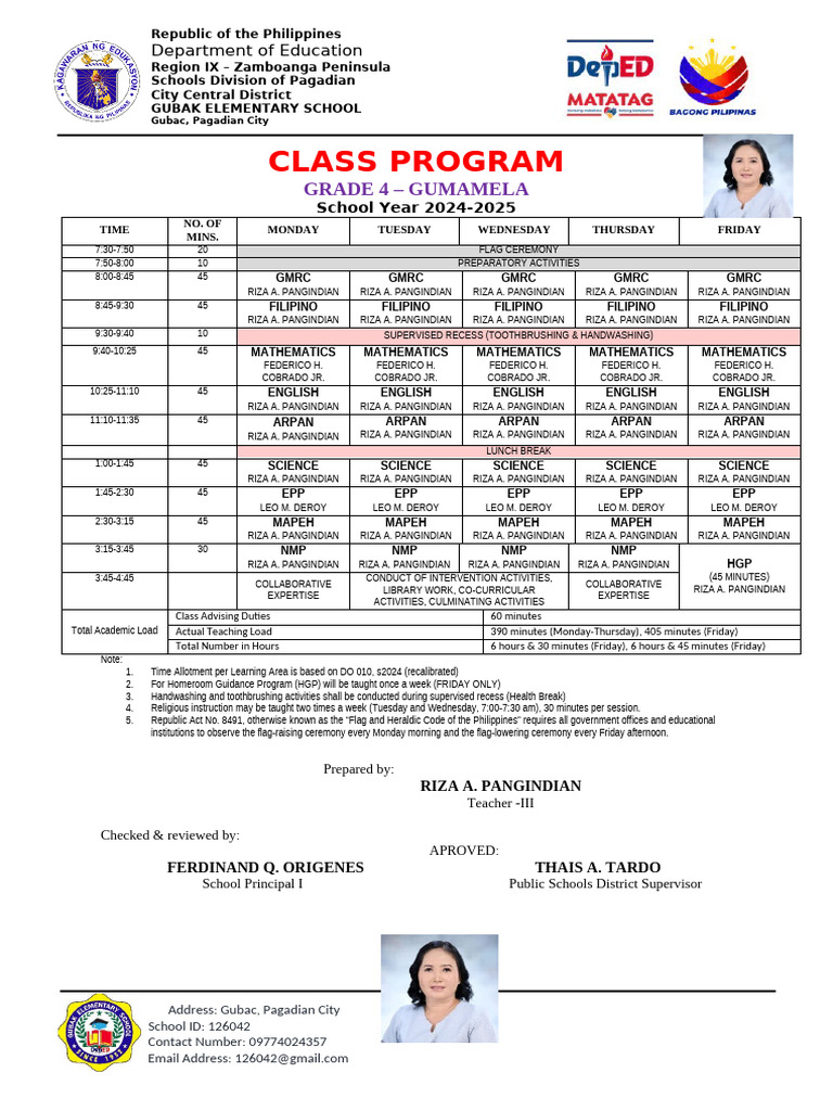 Gubac Elementary School Grade 4 Class Program | PDF | Philippines