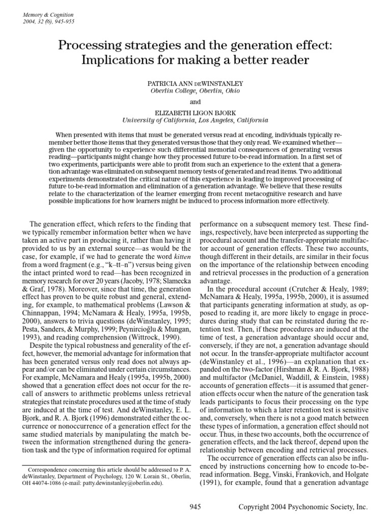 Impact of Generation Effect on Memory | PDF | Memory | Experiment