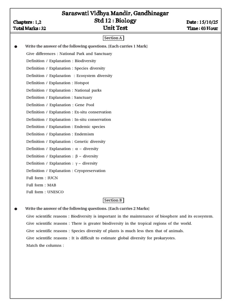 UnitTest - D15 Oct 2025 | PDF | Biodiversity | Conservation Biology