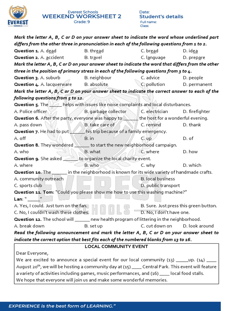 Grade 9 Weekend Worksheet Answers | PDF