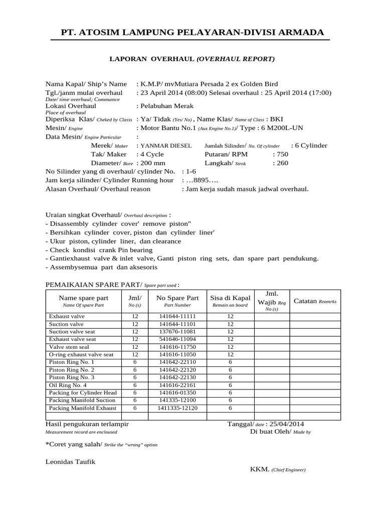 Overhaul Report for K.M.P. Mutiara Persada 2 | PDF | Piston | Propulsion