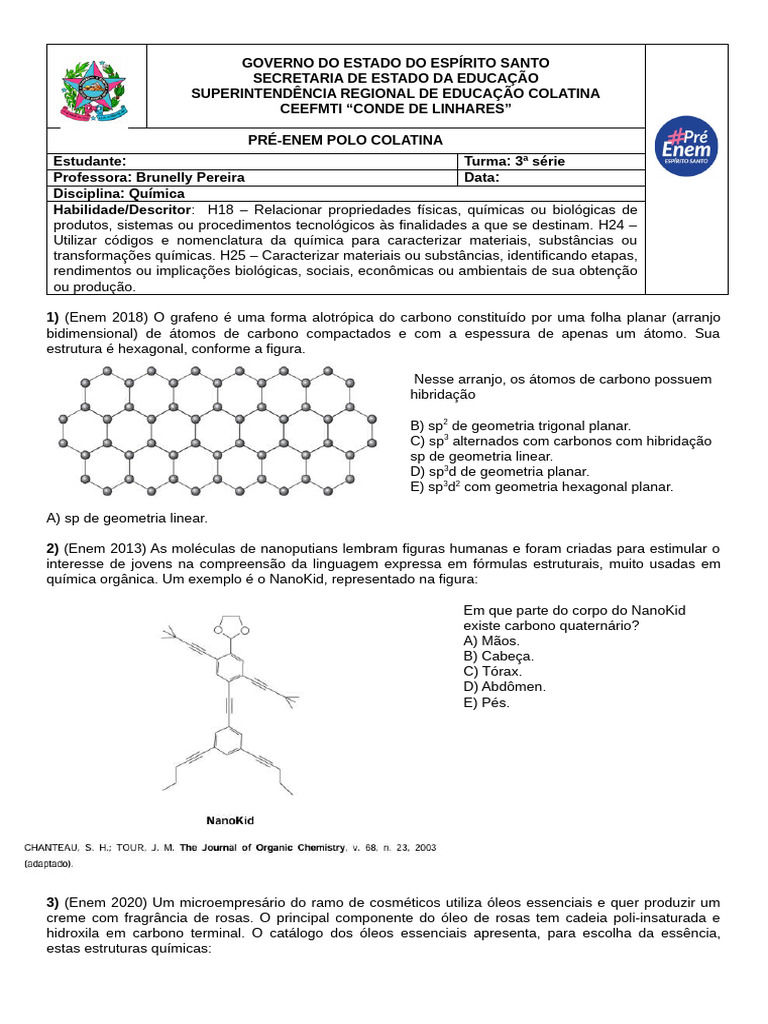 Questões de Química Orgânica para ENEM | PDF | Clorofluorcarbono | Carbono