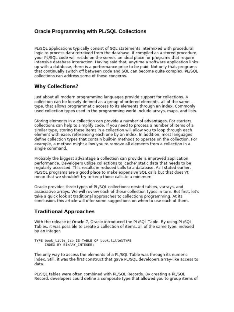 PL/SQL Collections: Types & Benefits | PDF | Pl/Sql | Table (Database)