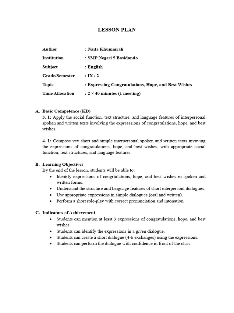 Lesson Plan: Expressing Congratulations | PDF | Educational Assessment ...