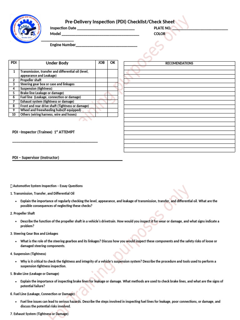 PDI Checklist for Vehicle Inspections | PDF | Steering | Axle