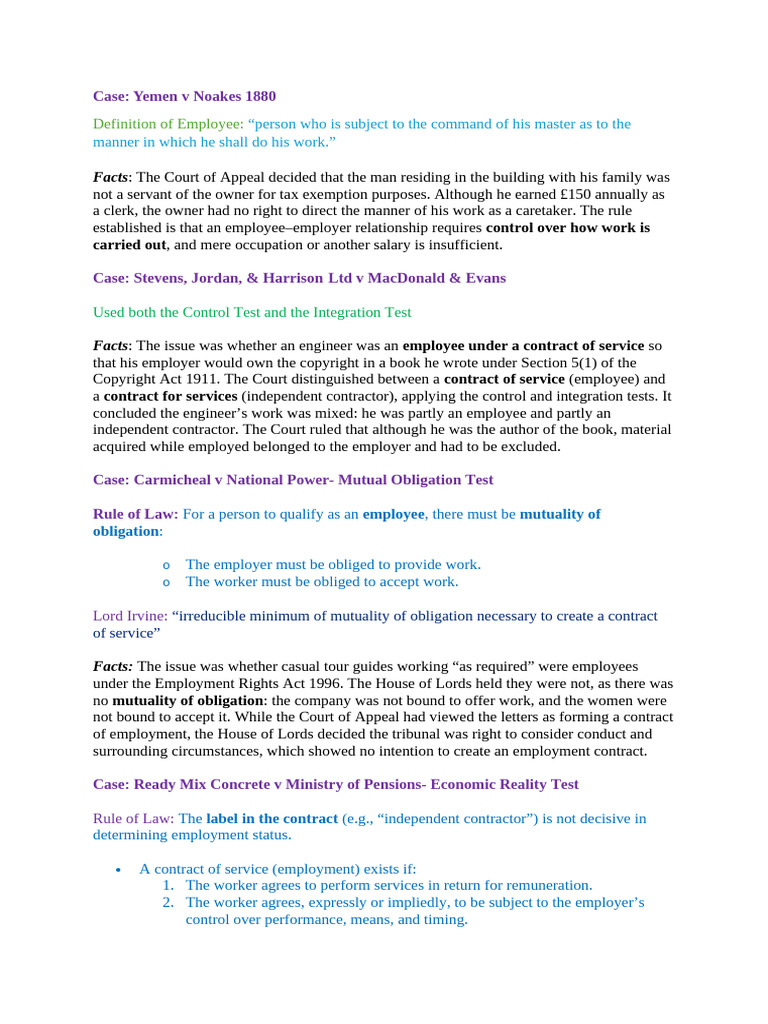 Employment Status Case Law Analysis | PDF | Employment | Private Law