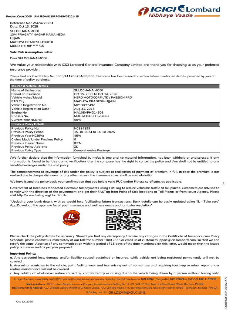 ICICI Lombard Risk Assumption Letter | PDF | Insurance | Pro Rata