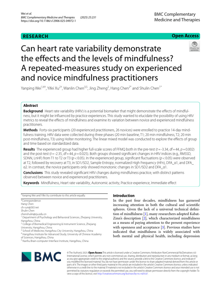 HRV and Mindfulness: Novice vs. Experienced | PDF | Clinical Medicine