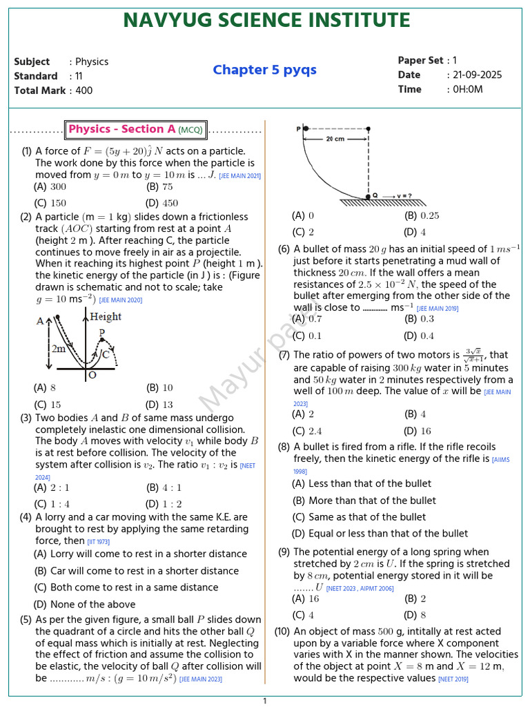 Physics Chapter 5 PYQs for Class 11 | PDF | Collision | Kinetic Energy