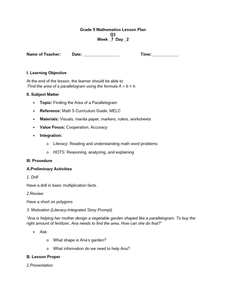Lesson Plan in Math Week 7 Day 2 | PDF | Area | Lesson Plan