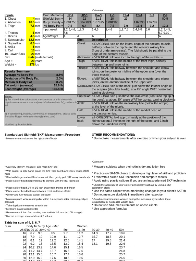 Skinfold Body Fat Calculator Guide | PDF | Arm | Elbow