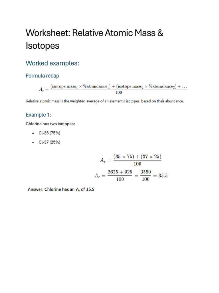 Isotopes and Relative Atomic Mass Worksheet | PDF