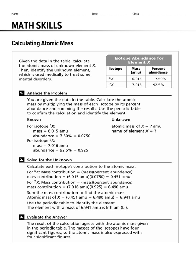 Calculating Atomic Mass Worksheet | PDF