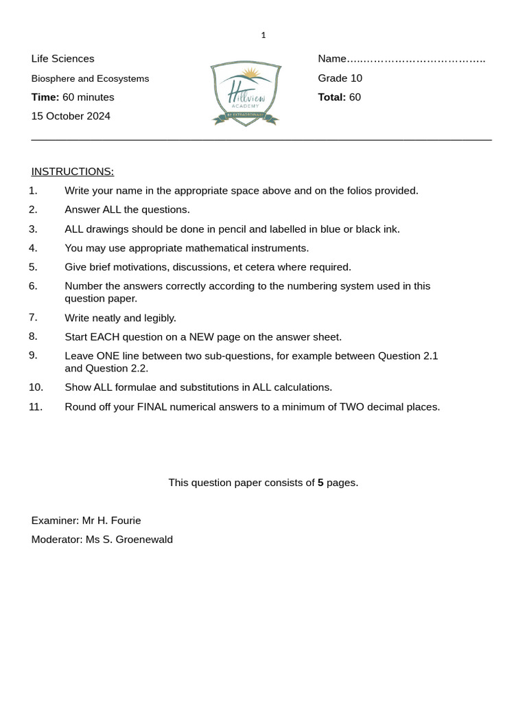Grade 10 Ecosystems Exam Paper | PDF | Ecosystem | Nitrate