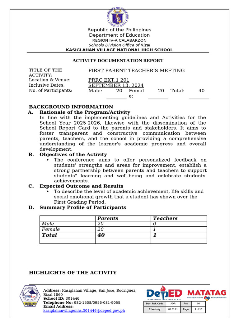 First Parent-Teacher Meeting Report | PDF | Cognition | Behavior ...