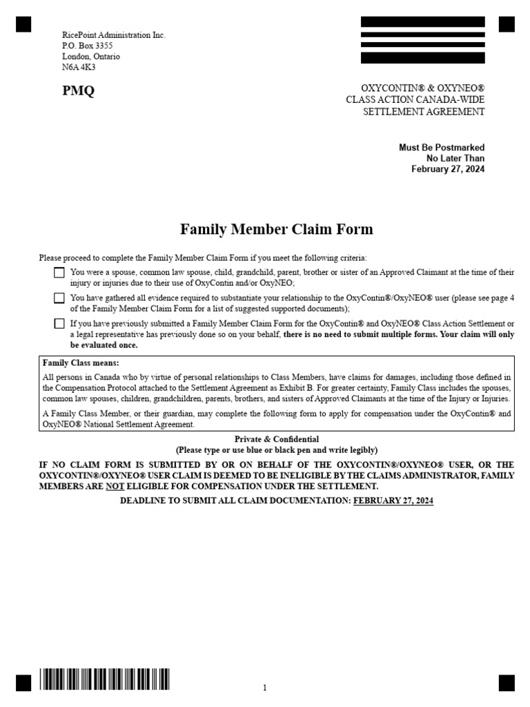 Family Member Claim Form for OxyContin Settlement | PDF | Settlement ...