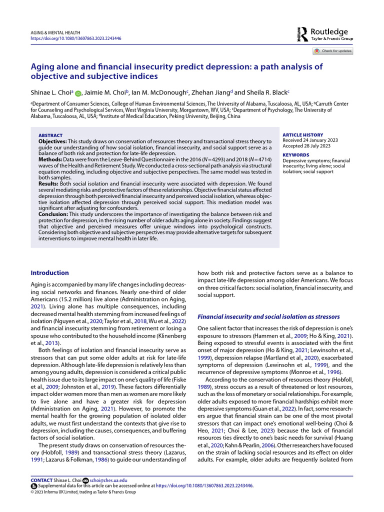 Aging Alone and Financial Insecurity Predict Depression A Path Analysis ...