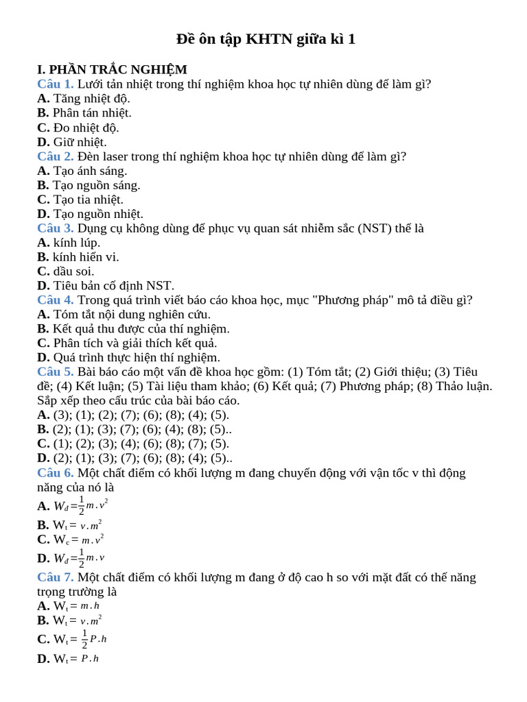 Ôn tập KHTN giữa kì 1 | PDF