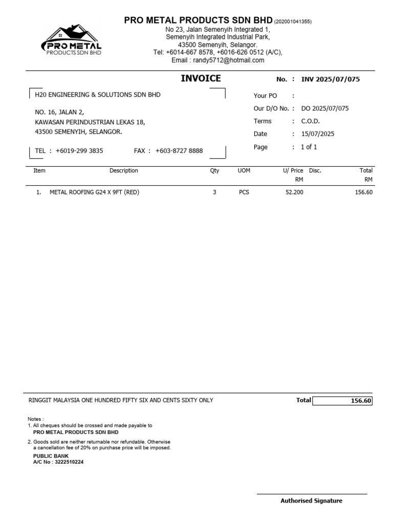 Invoice for Metal Roofing Purchase | PDF