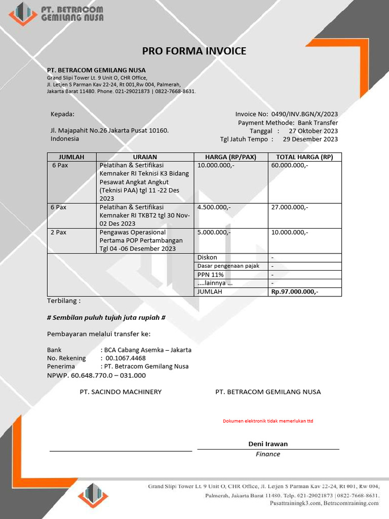 #0490 Invoice PT - Sacindo Machinery (Teknisi k3 Paa | PDF