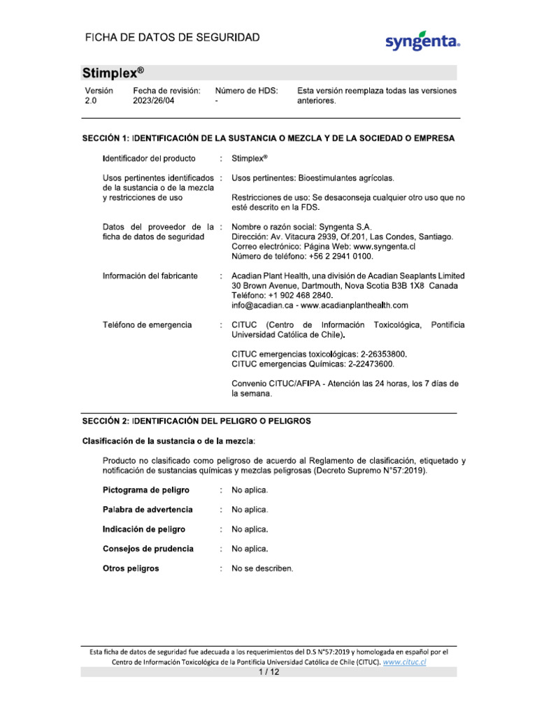 SDS Stimplex Bioestimulante Ds57 Homologado 26-04-2023 Version 2.0 | PDF