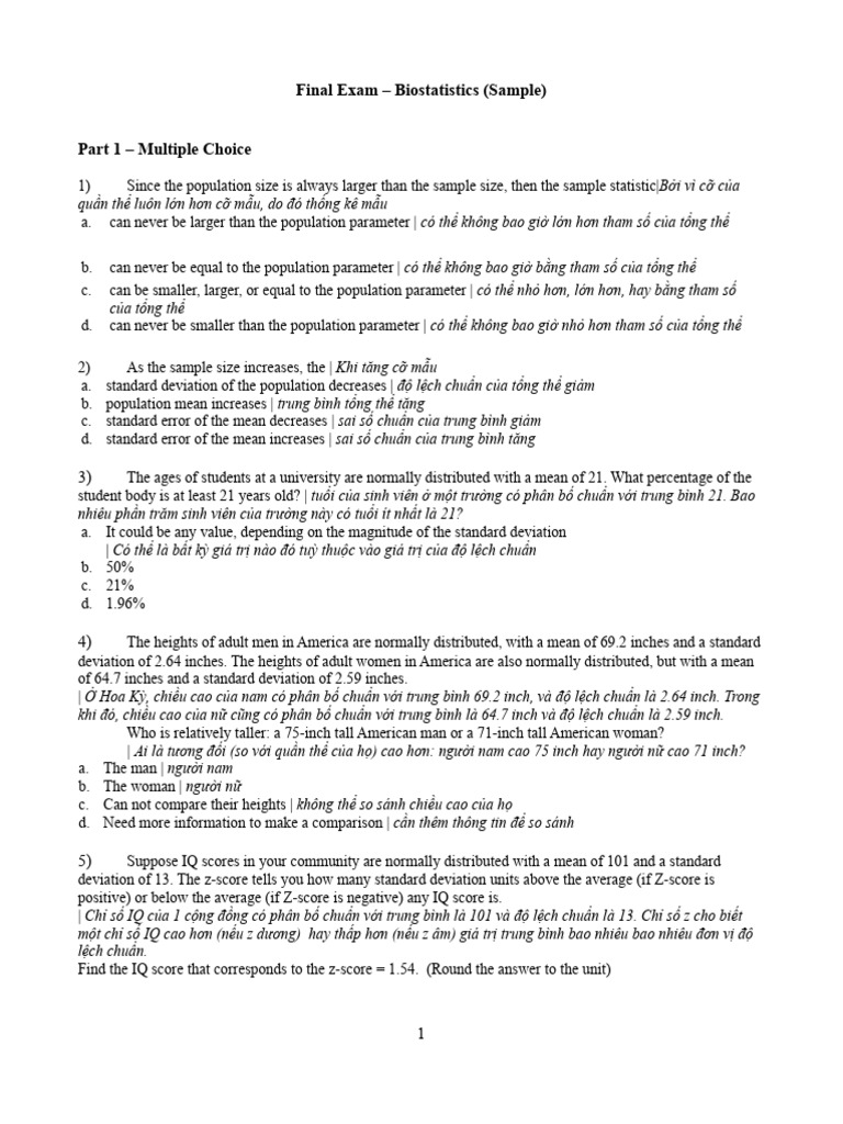 Final Exam - Biostatistics - Sample | PDF