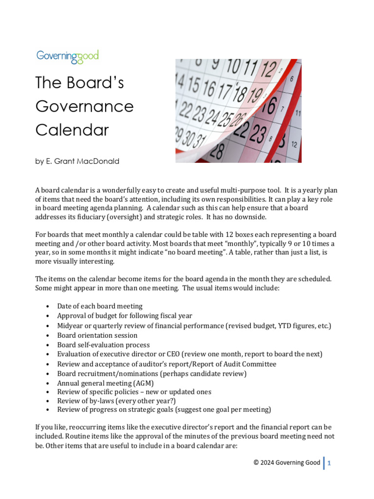 Board Governance Calendar Guide | PDF | Audit Committee | Business