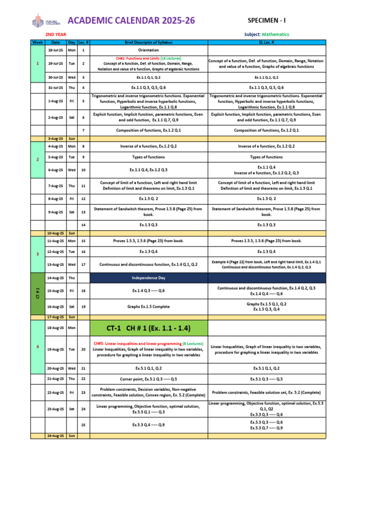 Mathematics Academic Calendar 2025-26 | PDF | Function (Mathematics ...