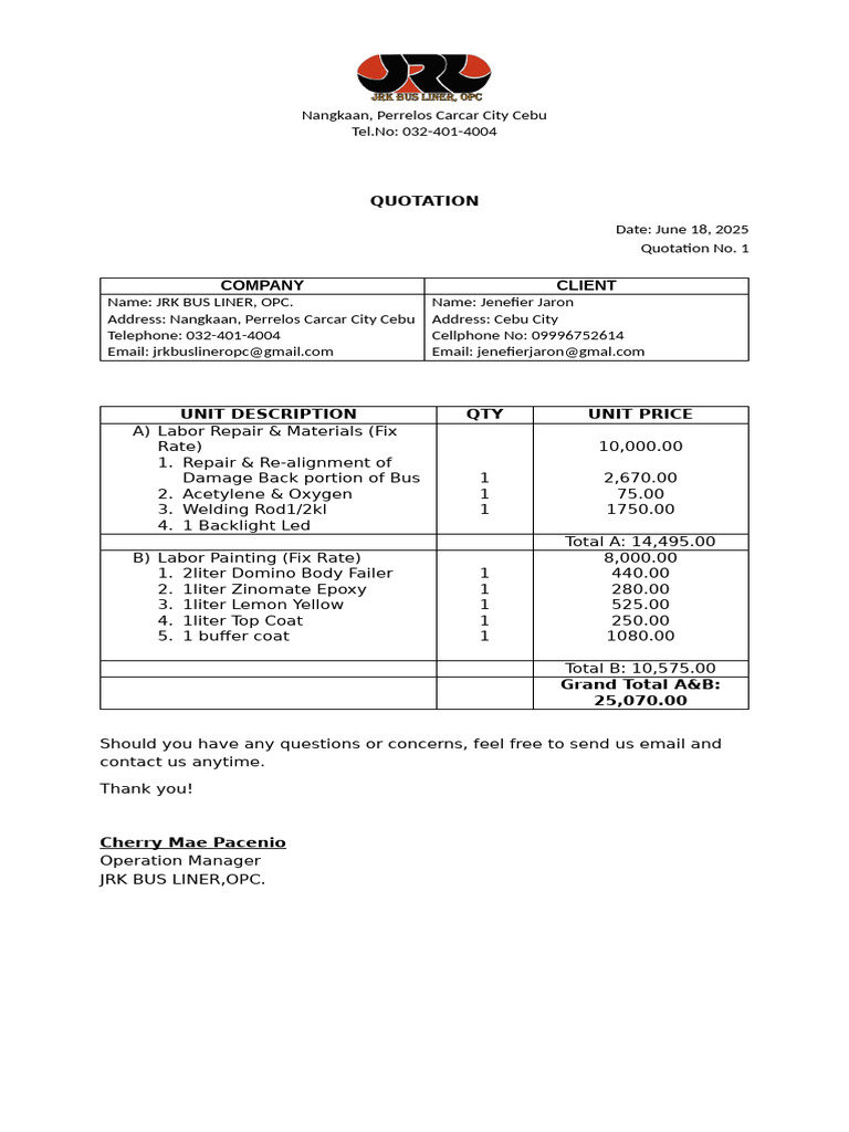 JRK Bus Liner Quotation for Repairs | PDF