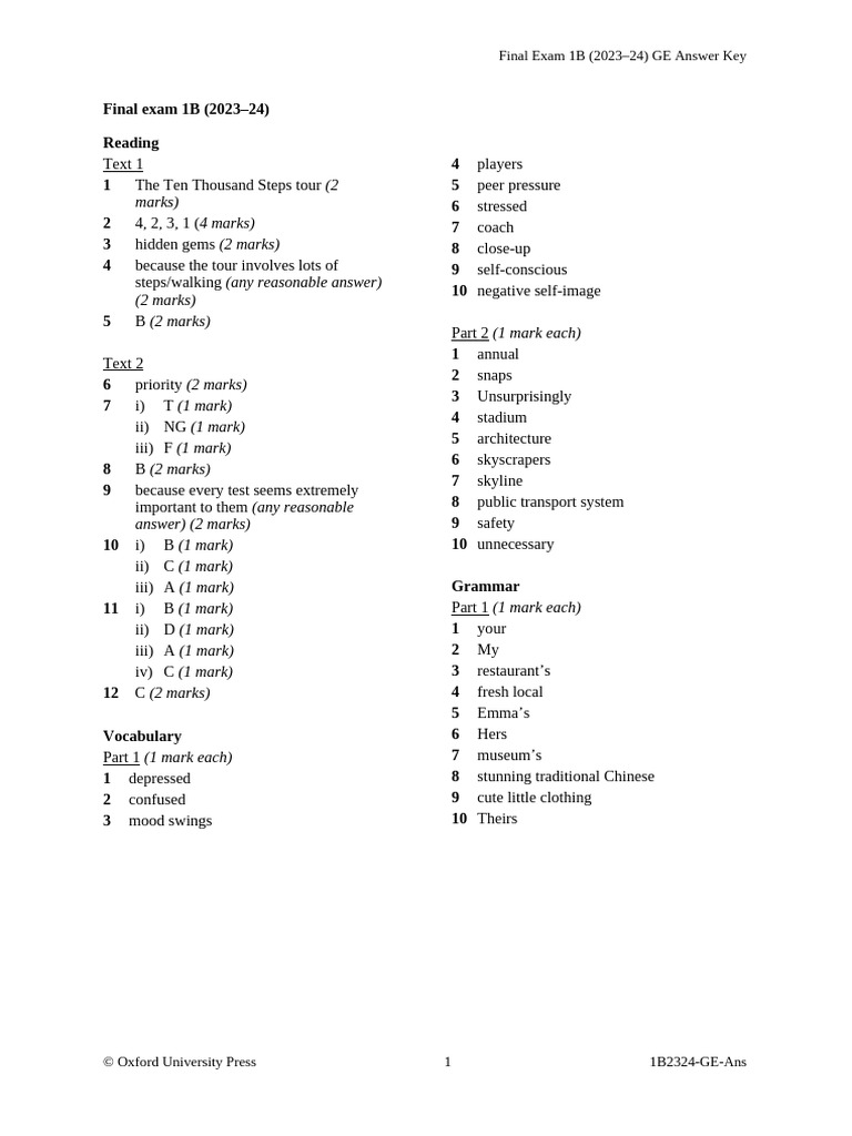 2023-24 Final Exam 1B GE Answer Key | PDF