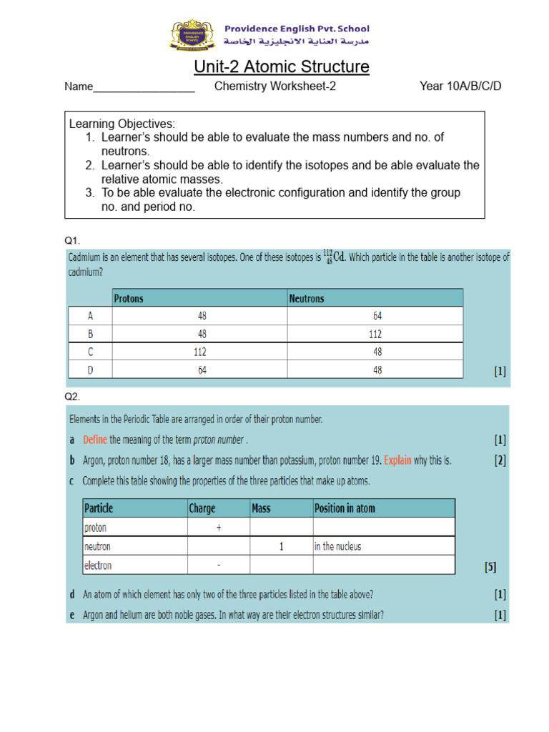 Atomic Structure Chemistry Worksheet | PDF