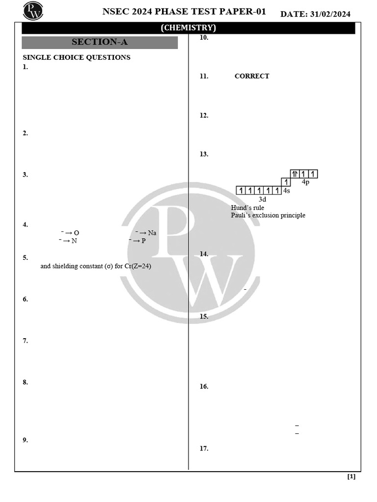 Phase Test and Solutions 01 (Only PDF | PDF | Chemical Elements | Atoms