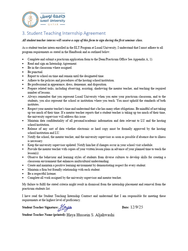 Appendix A3 Student Teaching Internship Agreement | PDF | Teachers ...