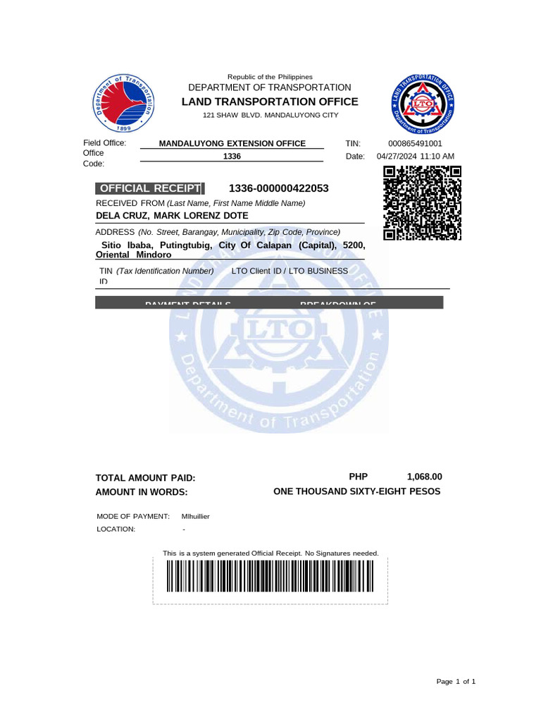 Official Receipt: Land Transportation Office | PDF