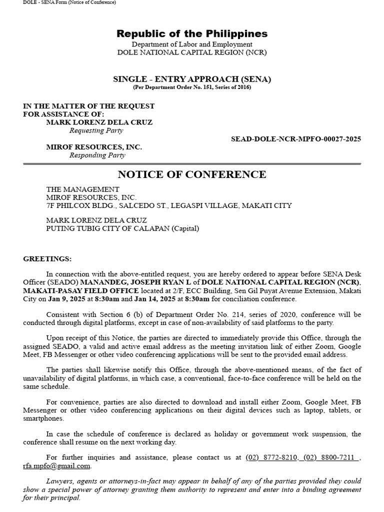 Sead Dole NCR Mpfo 00027 2025 Notice of Conference | PDF | Metro Manila