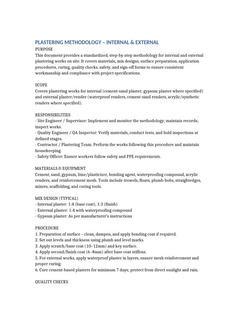 Plastering Methodology Internal External | PDF