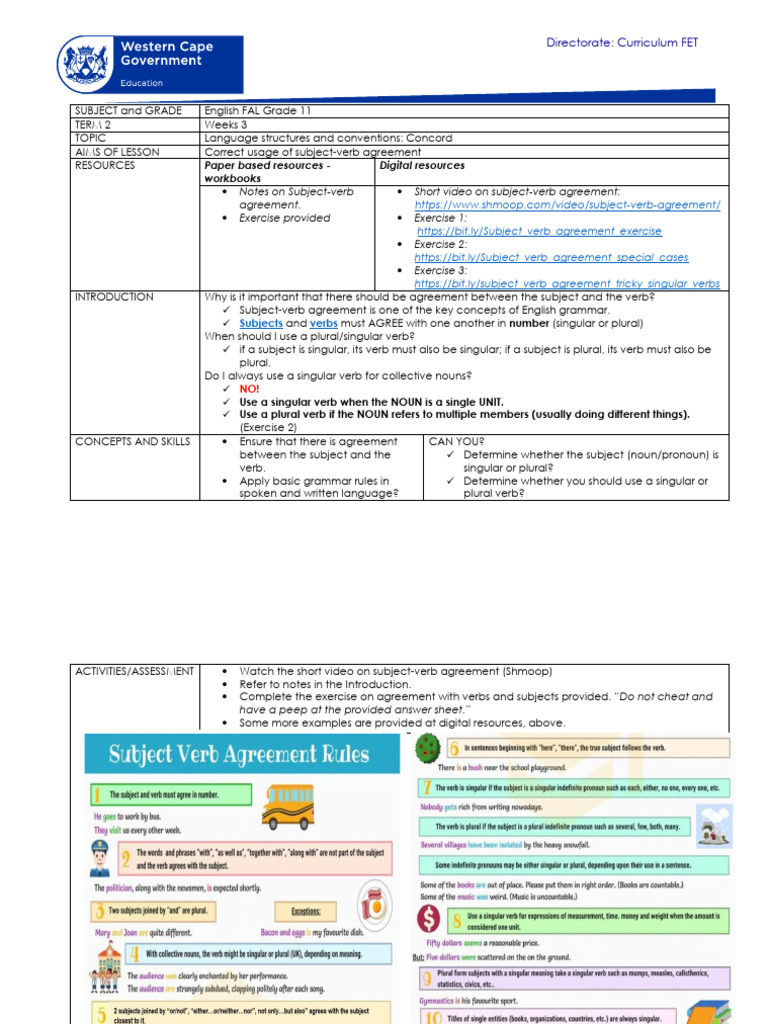 Grade 11 English: Subject-Verb Agreement | PDF | Grammatical Number ...