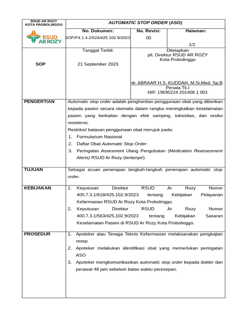 Prosedur Automatic Stop Order RSUD Ar Rozy | PDF