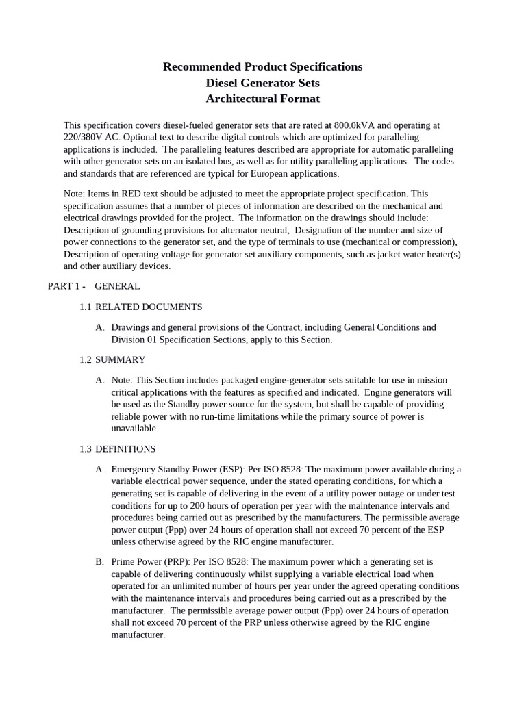 800kVA Diesel Generator Specifications | PDF | Battery Charger ...