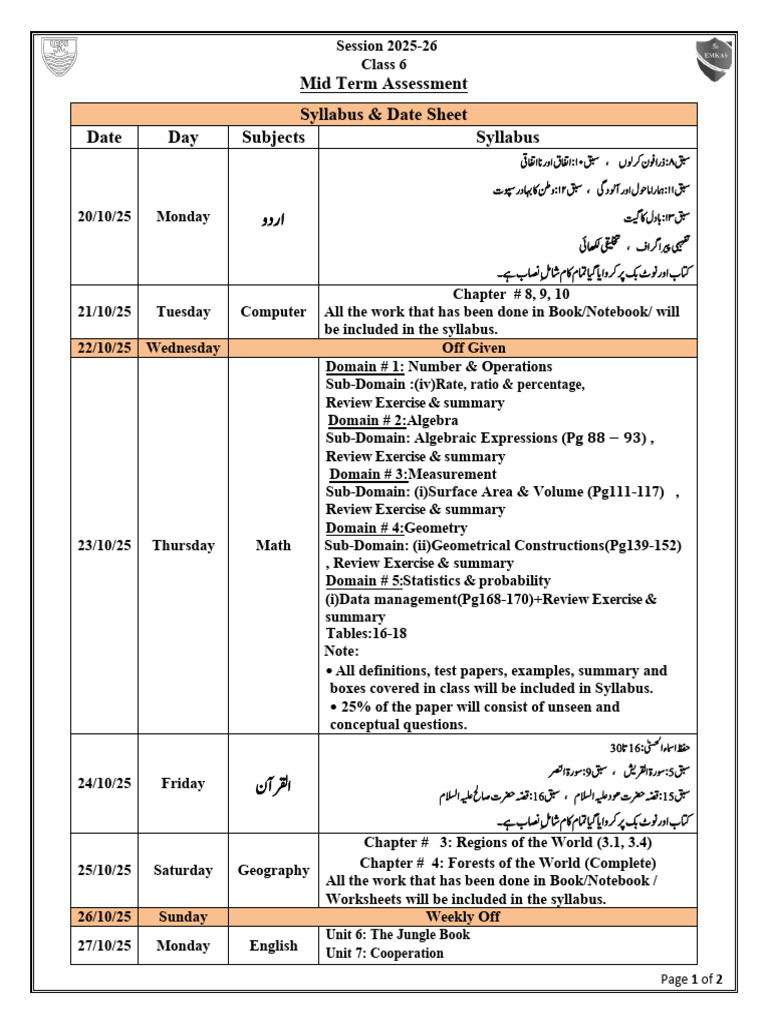 Class 6 Mid Term Assessment Schedule | PDF | Linguistics | Grammar