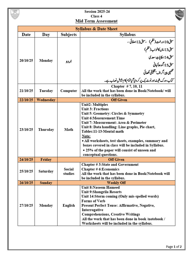 Class 4 Mid Term Assessment Schedule | PDF | Linguistics | Linguistic ...